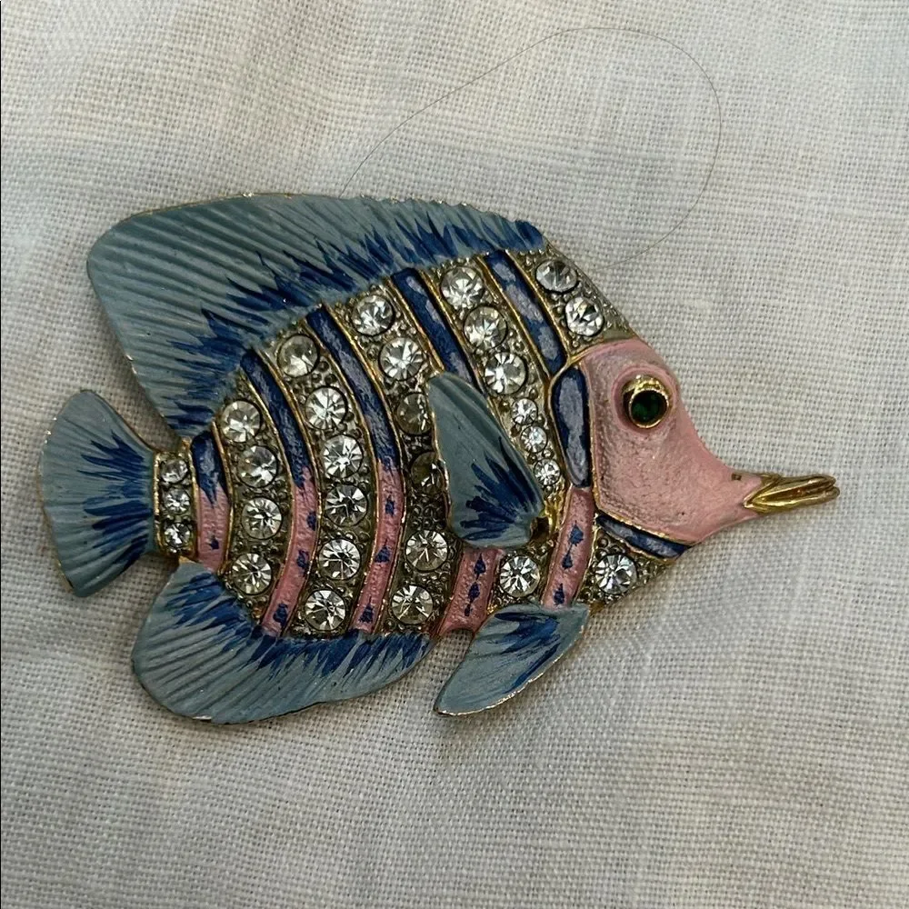 Vintage Blue and Pink Fish Brooch with Crystals